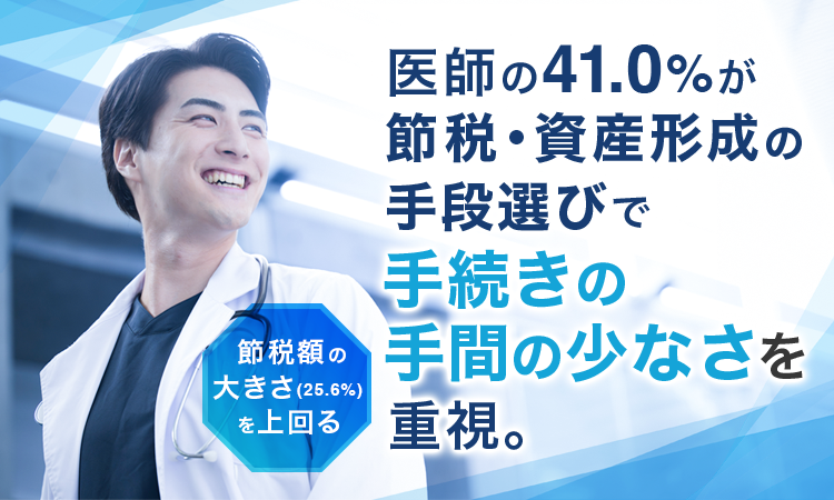 医師の41.0%が節税・資産形成の手段選びで「手続きの手間の少なさ」を重視。「節税額の大きさ」(25.6%)を上回る